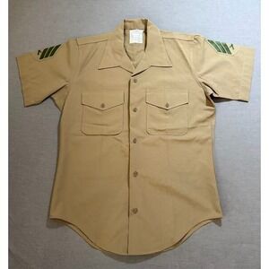 Vintage US Military Marines Shirt Uniform Short‎ Sleeve Tan Rank Wool Blend 60s.